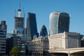 View of skyscrapers of Central business district. of London from Thames river